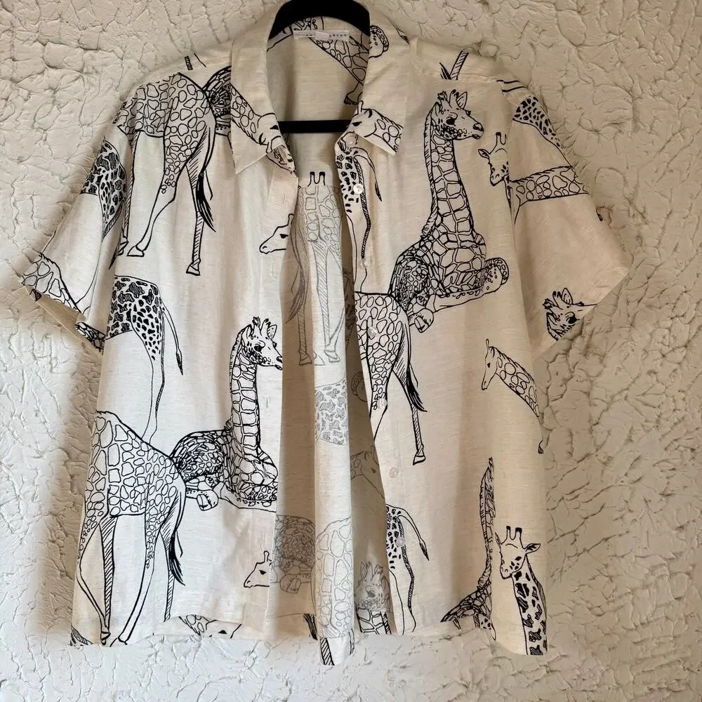 Jane Delancey Giraffe Print Button Up Shirt Linen Blend Safari Animal Print Top - Picture 2 of 10